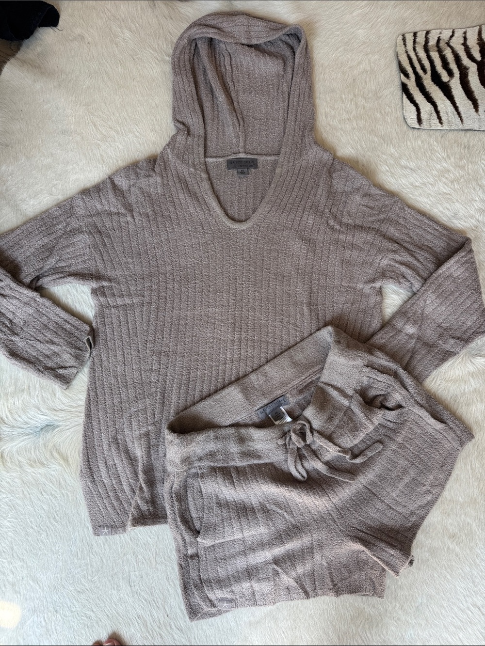 Barefoot Dreams Cozy Hooded Ribbed Knit Sweater and shorts set in Taupe